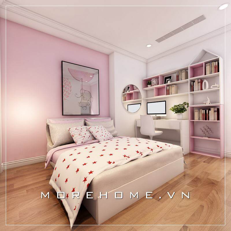 Bố trí nội thất phòng ngủ khoa học và tiện nghi, gam màu trắng - hồng được gia chủ lựa chọn tạo cảm giác mới mẻ và tinh tế phù hợp với phòng ngủ của bé gái